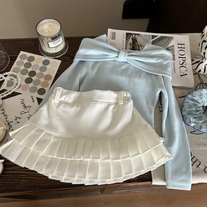 

Girls Set 2025 Summer New Childrens Wear Korean Baby Girl Fashion Bow Bottom Shirt Pleated Skirt Pants Two-piece Set Casual