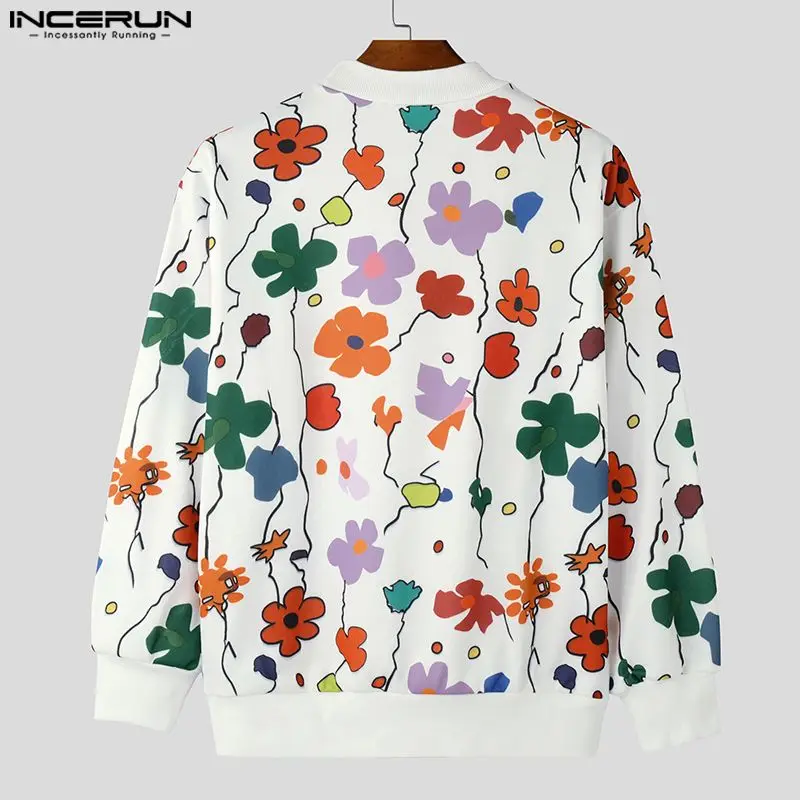 Fashion Well Fitting Tops INCERUN 2024 Men\'s Colorful Floral Print Pullover Sweatshirts Casual Personality Long Sleeved Sweaters