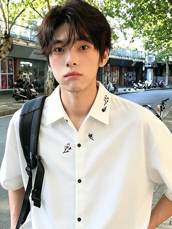 

Ice Silk Embroidered Casual Shirt Short Sleeve Men's Summer Trendy Loose Breathable Youth Outerwear Fashion Polyester Fiber
