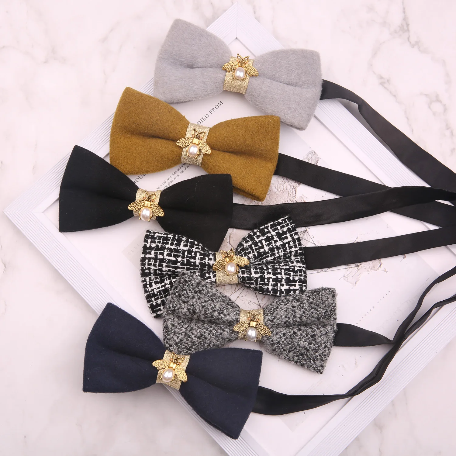 

High Quality 6*12CM Small Fragrant Wind Yellow Black Grey Solid Color Inlaid Pearl Bowtie for Man Business Wedding Party Necktie