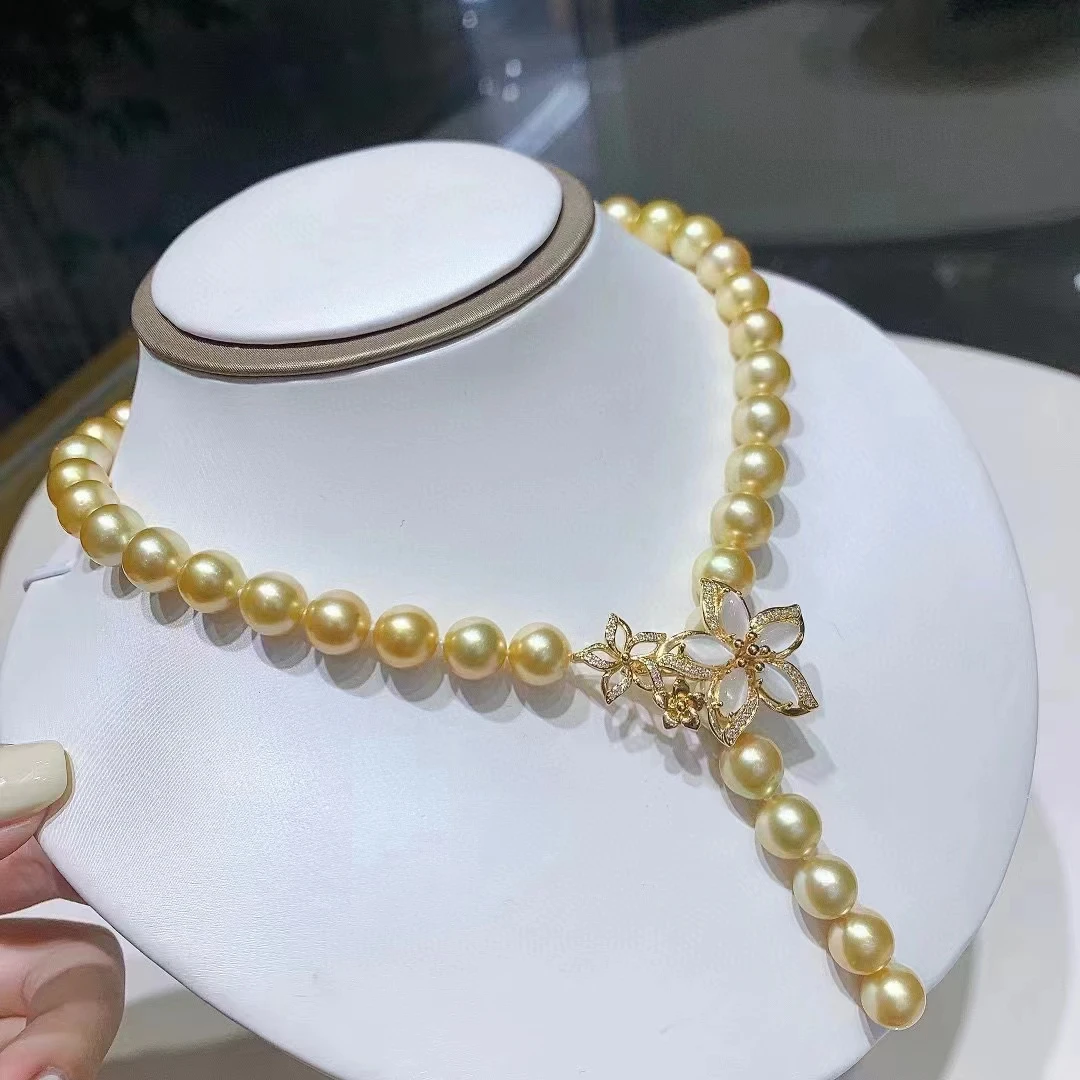 New Beautiful Pearl Necklace AAA9-10mm Natural South Sea Round Pearl Necklace 18k Real Gold Package Pure Copper 16-30inch