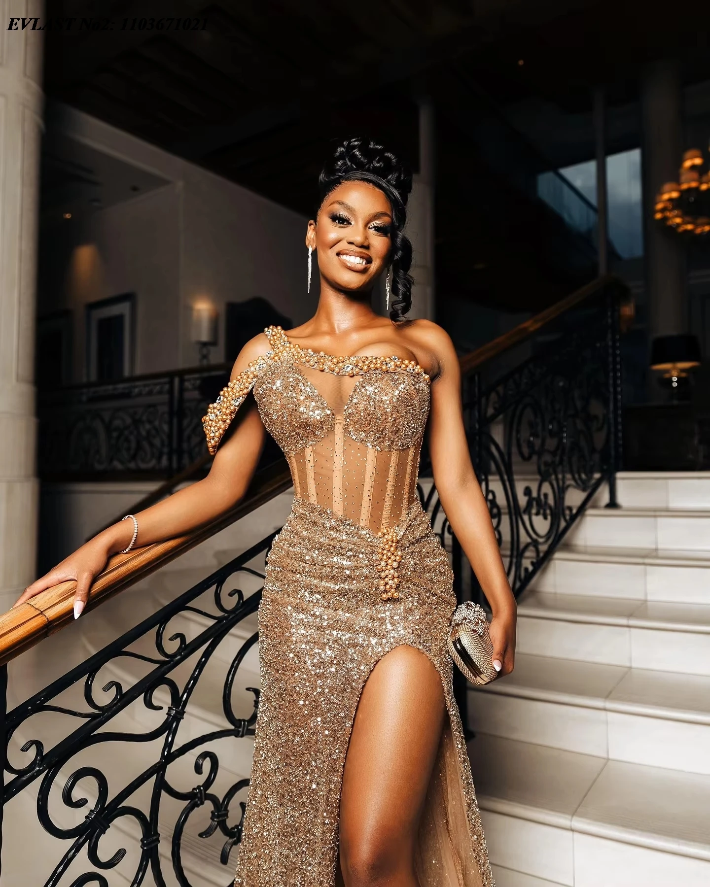 EVLAST Customized Asoebi Glitter Sequins Beaded Prom Dress 2025 One Shoulder High Slit African Party Dress Birthday Gown E2P01