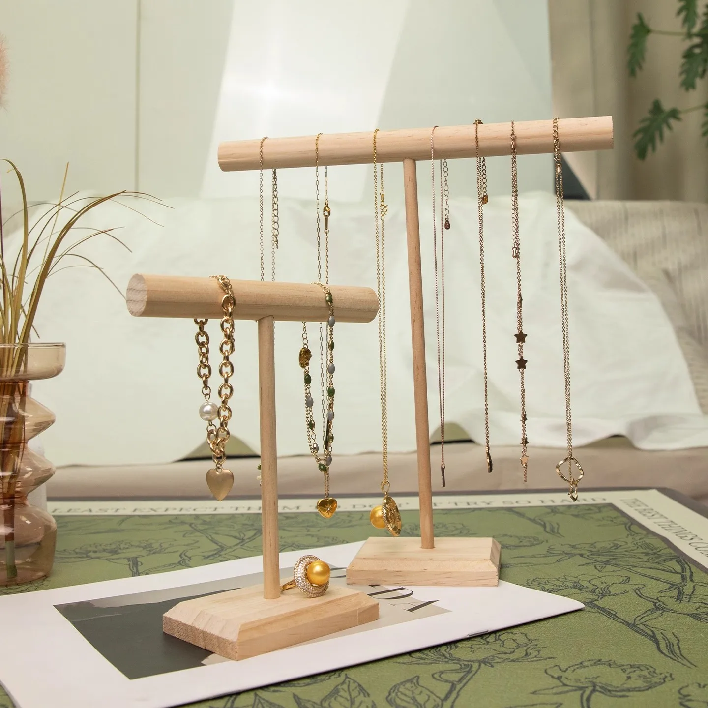 3 أحجام خشبية سوار عرض المدرجات T-bar حامل مجوهرات قلادة حامل حامل الإسورة تخزين الرف مجوهرات المنظم العرض #5