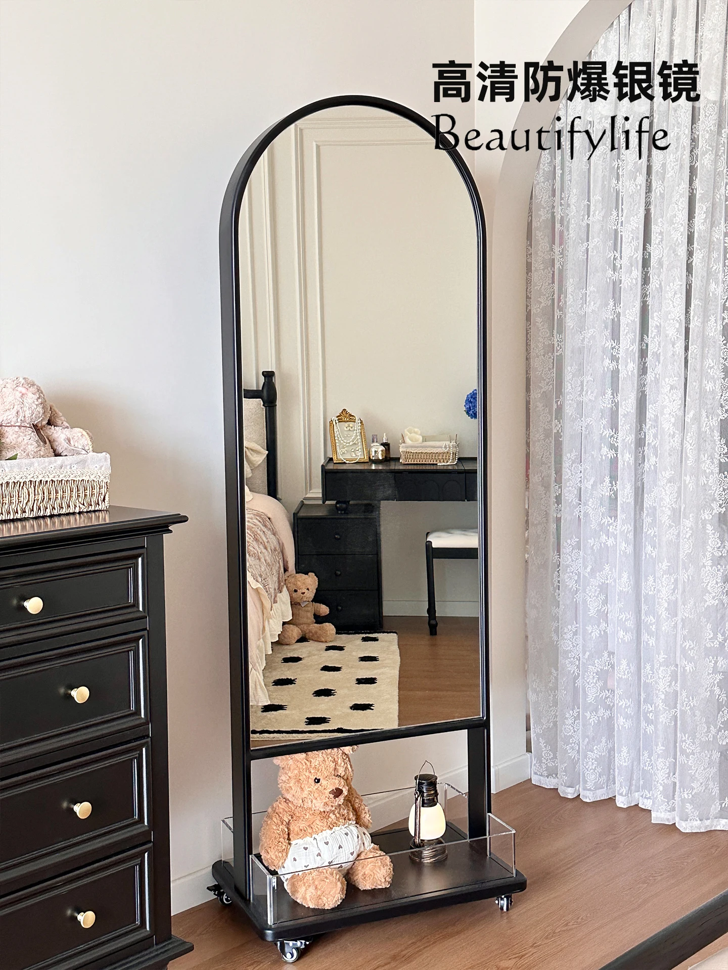 Solid wood rotating full-length mirror magazine rack household mobile floor mirror medium antique retro full-body mirror