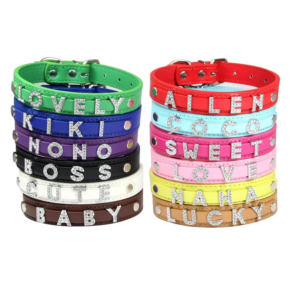 12 PCS Wholesale Plain PU Leather DIY Name ID Dog Collar Custom Letters Charms Puppy Cat Neck Strap Collars for Small Medium Dog