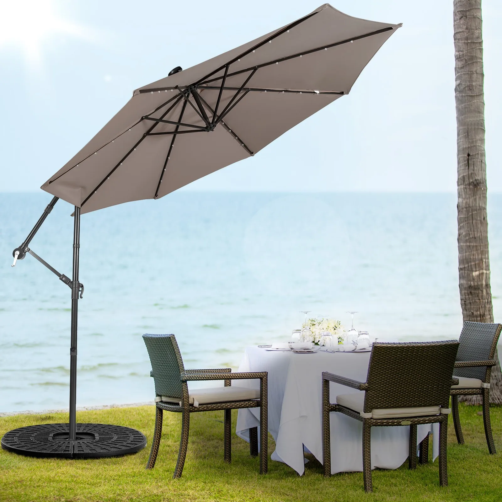 

10' Cantilever Solar Powered 32LED Lighted Patio Offset Umbrella Outdoor Coffee