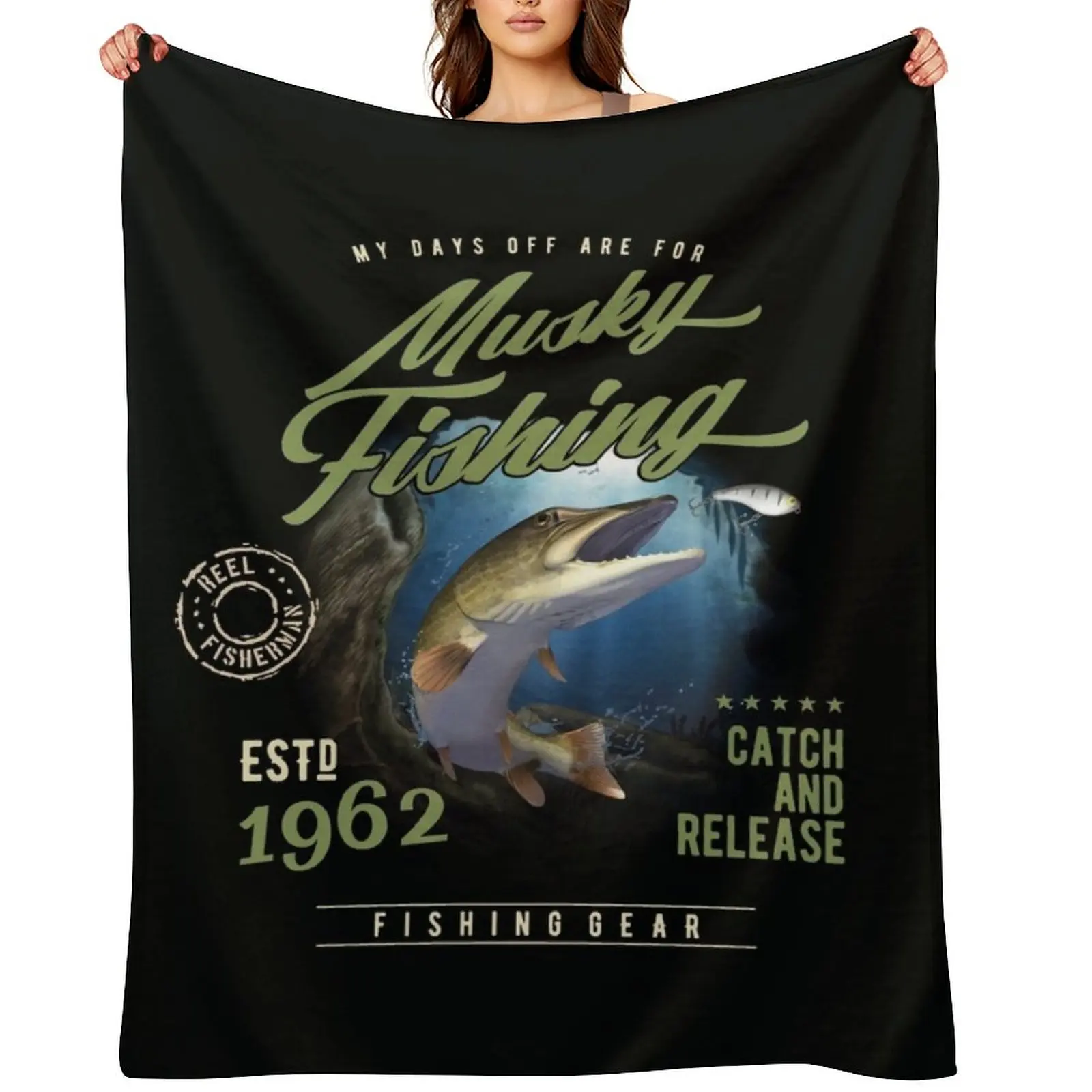 

Musky Vintage Fishing Artwork Throw Blanket Giant Sofa Shaggy Luxury Brand Thins Blankets