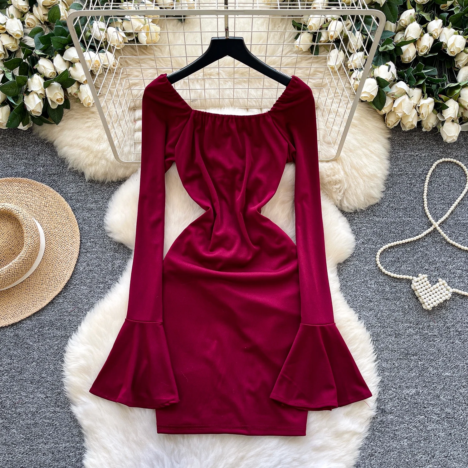 Chic vintage Sexy plissé mince à manches longues fée crayon robe femmes Boho robe d'été robes de cérémonie