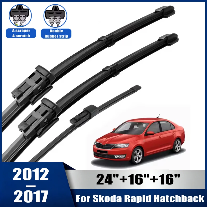 Wiper Front & Rear Wiper Blades Set For Skoda Rapid 2012-2017 Windscreen Windshield Window Brushes 24''+16''+16''