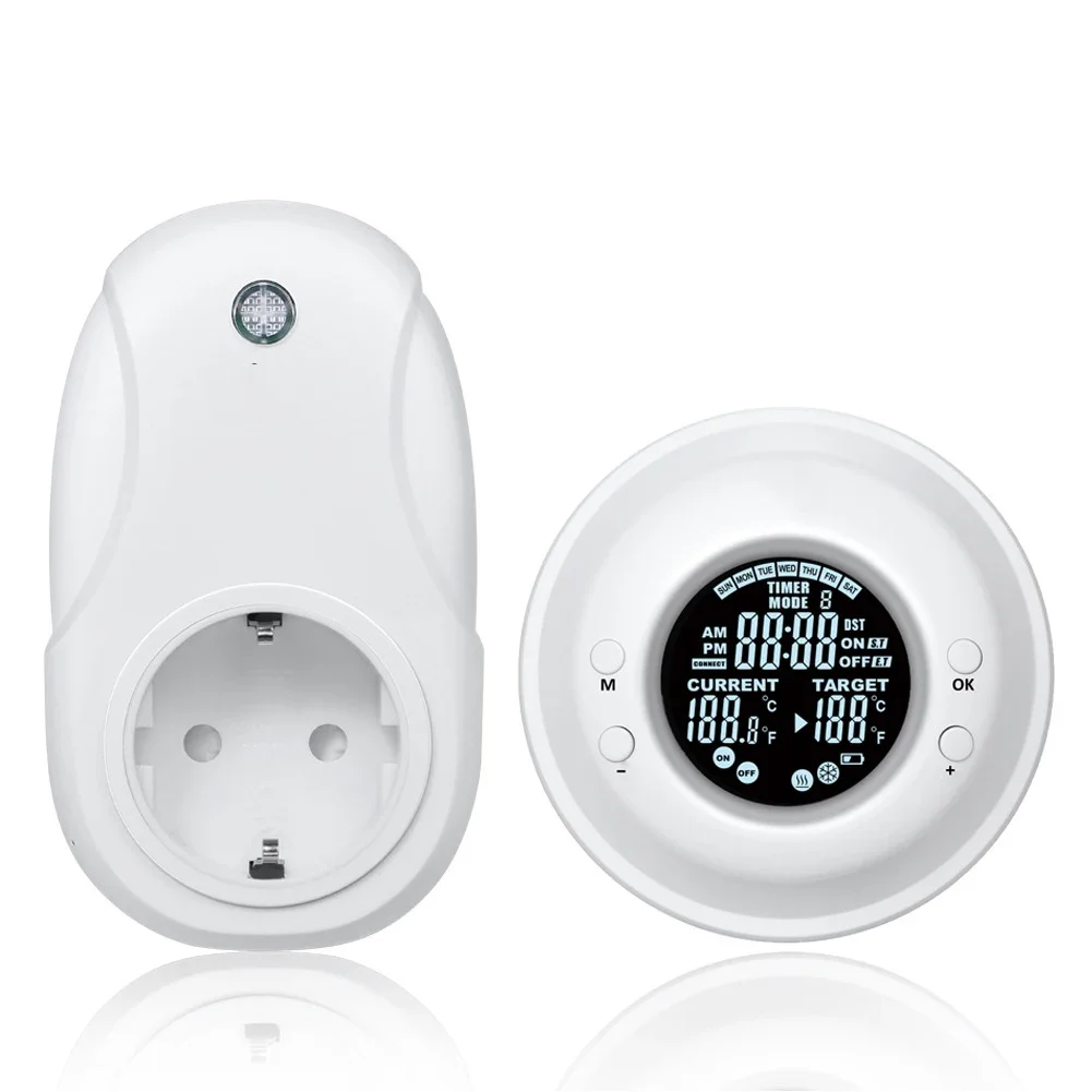 

Smart Wireless Thermostat Plug in Socket Heating Cooling Program Advanced Timer and Thermostat Features Energy Saving