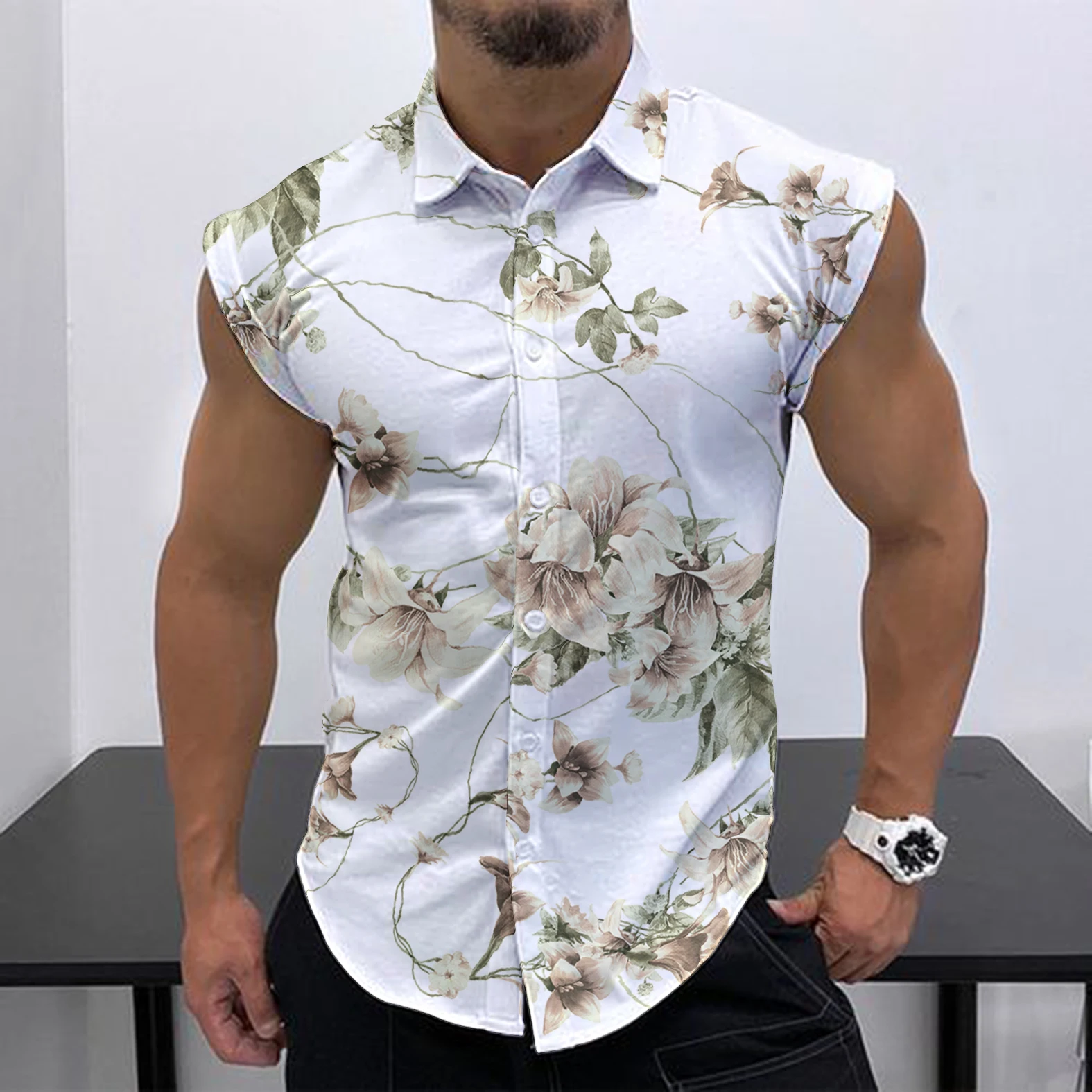 2023 Summer New Men\'s Sleeveless Shirt Fashion Trend HD 3D Printing Street Leisure Beach Holiday Party Button Quick Drying Shirt