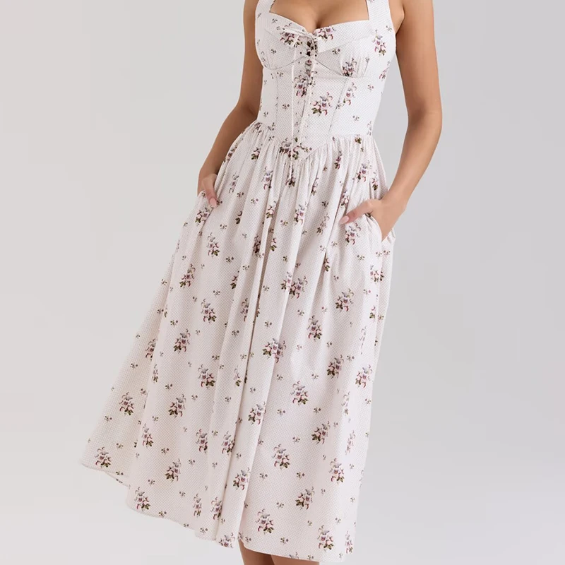 Jastie-vestido elegante con cuello Halter y estampado Floral para mujer, vestido Sexy con cordones delanteros, corte en A, por debajo de la rodilla, para fiesta, 2025