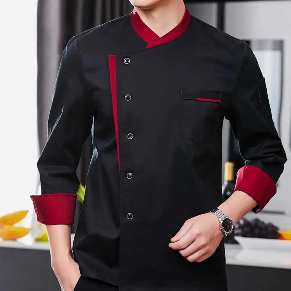 Chef Coat with Black Collar Chef Uniform Apron Set Stand Collar Short Sleeve Tops Wrinkle-resistant Cooking Wear