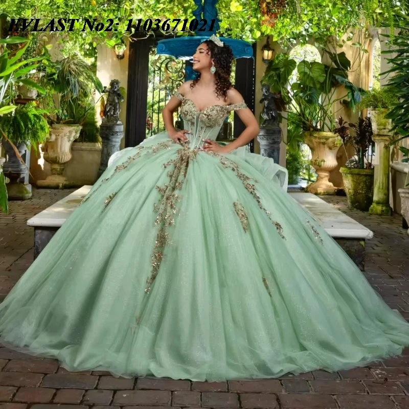 

EVLAST Customized Shiny Sage Green Quinceanera Dress Ball Gown Gold Lace Applique Beading Bow Sweet 16 Vestidos De 15 Anos E2Q08