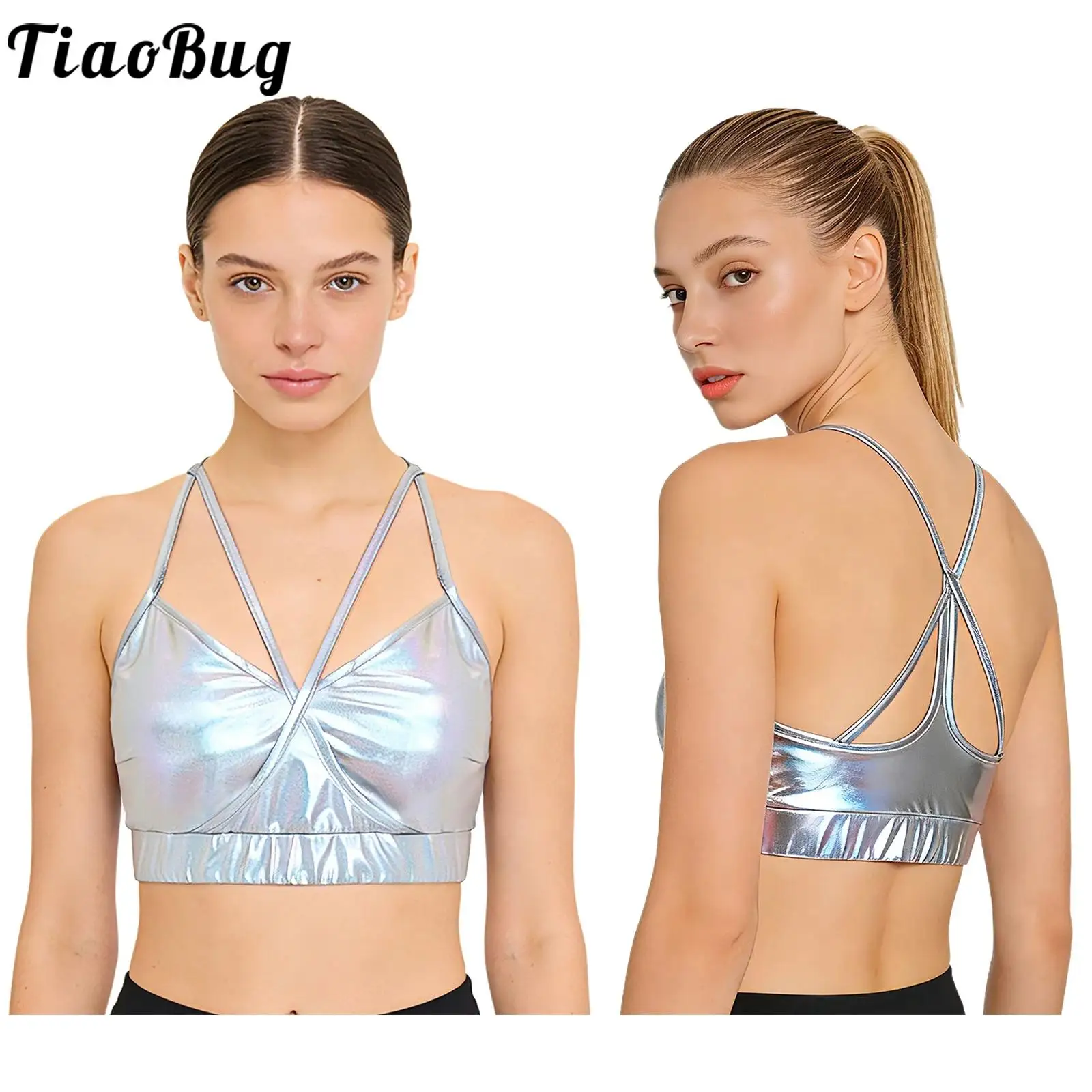 

Women Sports Bra Crop Tops Spaghetti Straps Camisole Shiny Vest with Removable Chest Pads for Yoga Pilates Workout Crop Tops
