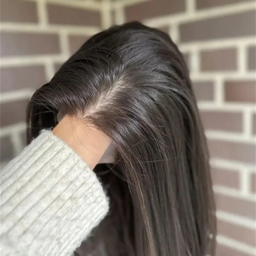 16 Inch Soft Straight Wig Dark Brown Brunette Bob Wig 13x4 Middle Part Synthetic Lace Front Preplucked Hairline Realistic Wig
