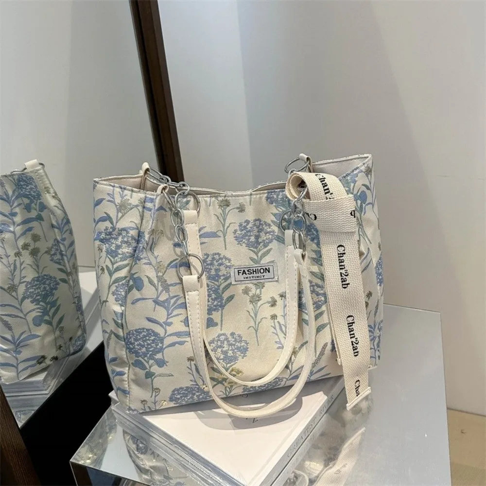

Fashion Printed Embroidery Flower Shoulder Bag Large Capacity Canvas Tote Bag Elegant Artistic Underarm Bag Women