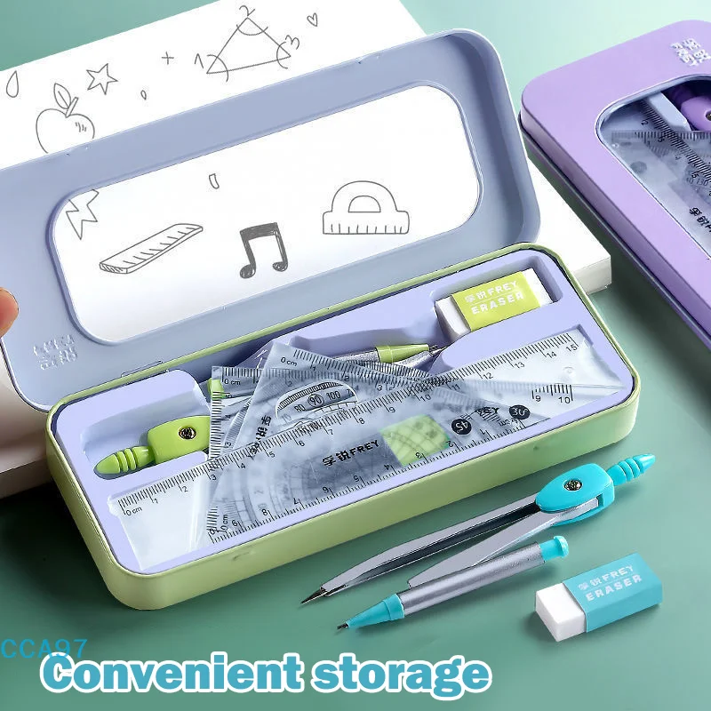 【A】7 Uds. Transportador de regla triangular, Kit de caja de regla específica para examen de estudiante de goma, juegos de brújula y regla, suministros escolares
