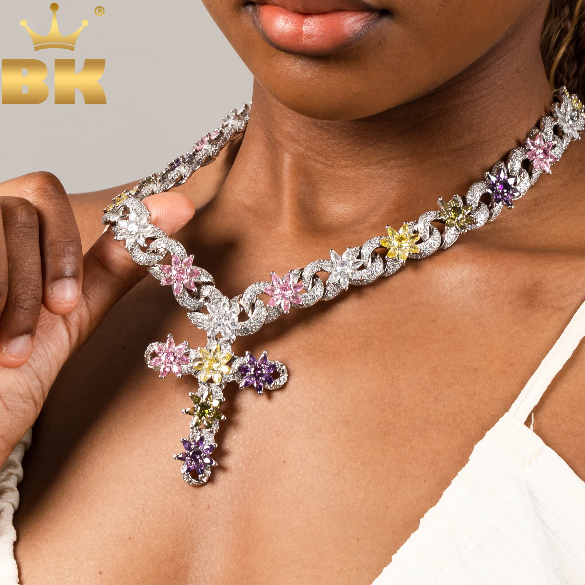 

TBTK ICY цветок Inifinity звено цепи крест кулон ожерелье зубец установка 5A кубический цирконий колье хип-хоп ювелирные изделия