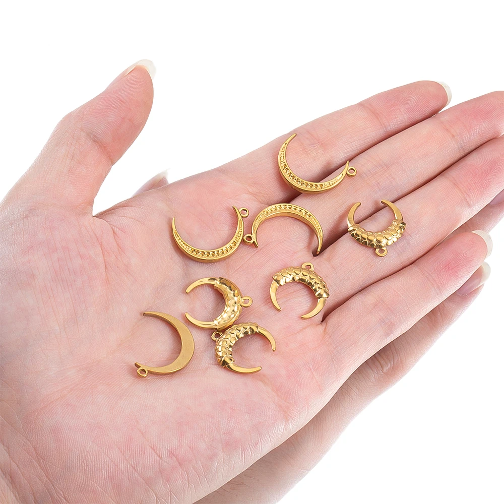 New 5pcs Stainless Steel Pendants Moon Embossed Horns Charm for DIY Jewelry Making Earrings Necklace Pendant Findings Wholesale
