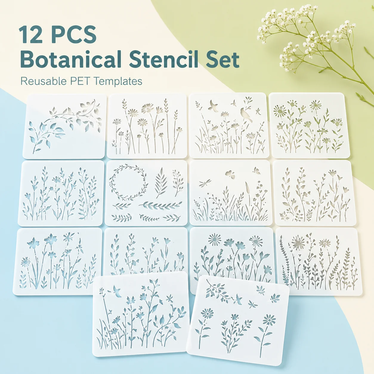 12Pcs Botanical Stencils Reusable PET Flower Leaf Painting Templates for DIY Wood Sign Wall Decor Crafts
