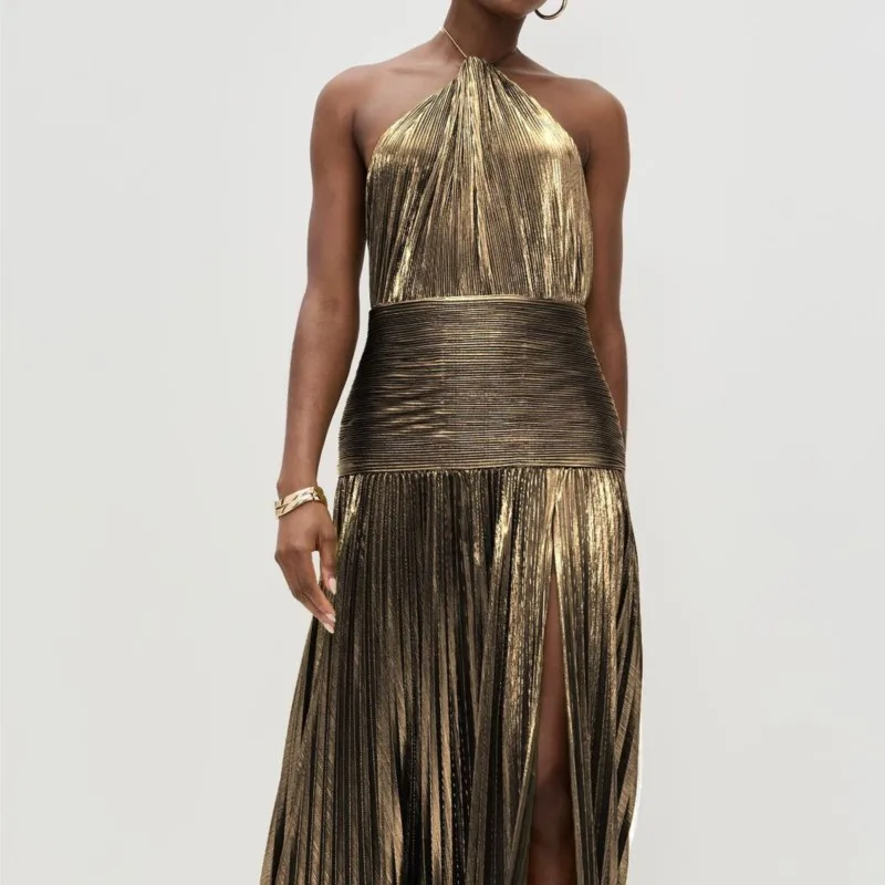 Frühling Herbst Elegante Cocktail Abendkleid Sexy Ärmelloses Gefaltetes Dünnes Hohes Schlitz Langen Rock Retro Einfarbig Party Vestido