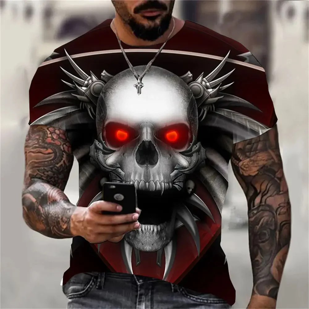 Cool Skull Print T-shirt Men\'s Trend 3D Pattern Short Sleeve Personalized Horror Style Street Apparel Large Men\'s Round Neck Top