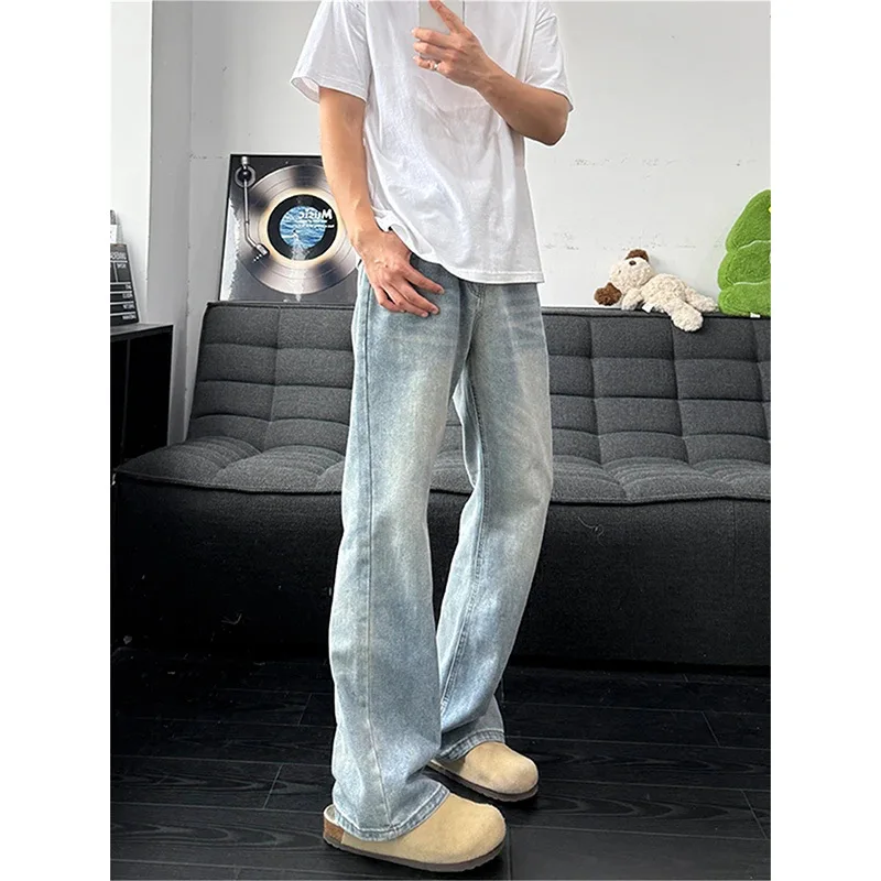 American High Street Vibe High Waist Pants Men's 2026 Autumn Retro Blue Scimitar Washed Jeans