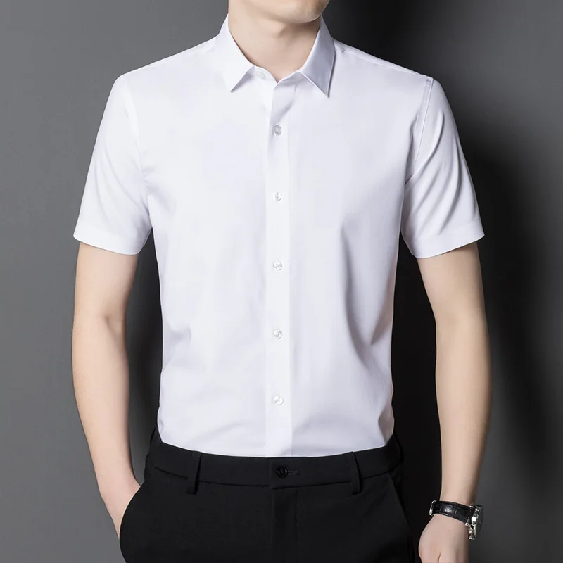 Spring Summer Men\'s Shirt Non-Ironing Anti-Wrinkle Business Casual Solid Color Elastic Smooth Short Sleeves Work Social Shirt