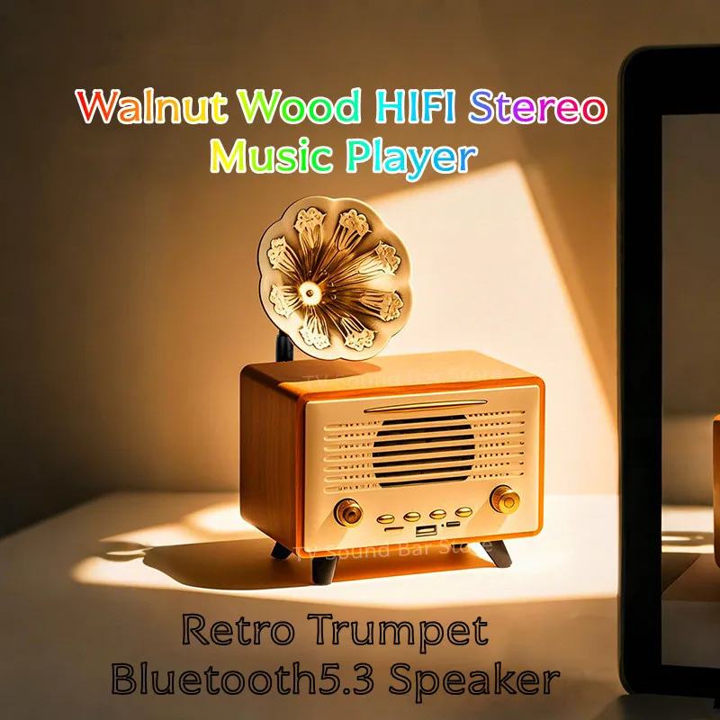 

Walnut Wood HIFI Stereo Music Player Retro Trumpet Bluetooth5.3 Speaker Supports USB TF Card Playback Portable High-end FM Radio