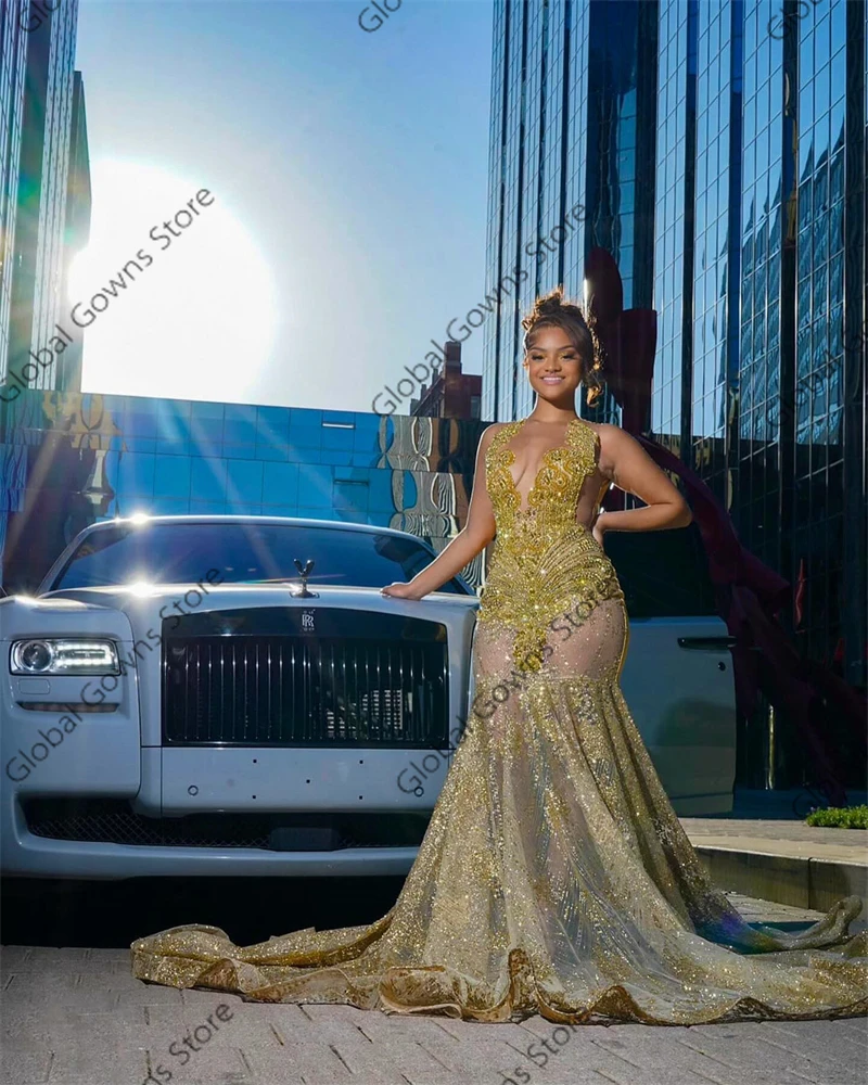 Gold O Neck Long Prom Dresses For Black Girls Beaded Crystal Rhinestone 2024 Birthday Luxury Dress Mermaid Graduation Gown