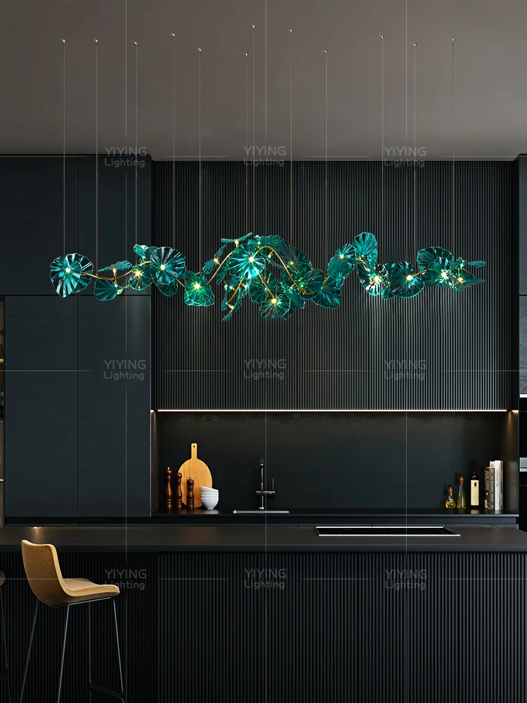 Postmodern Light Luxury New Chinese Style Elegant Villa Hotel Hall Hollow Staircase Light Glass Ink Green Dining Pendant Light