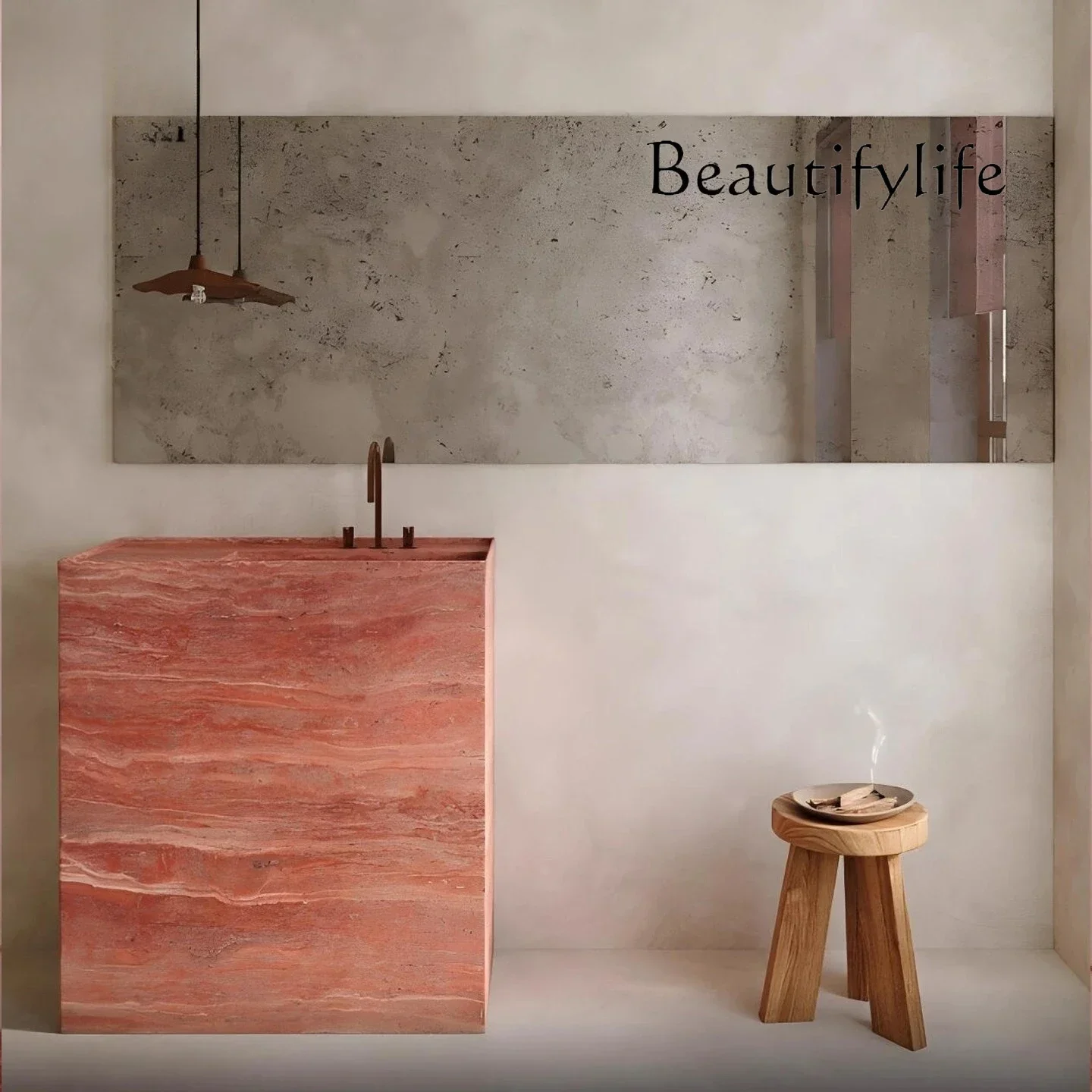NEW FKRetro Style Red Travertine Rock Slab Floor-to-ceiling Hand Washing Basin Hotel Column Basin Sink Sink