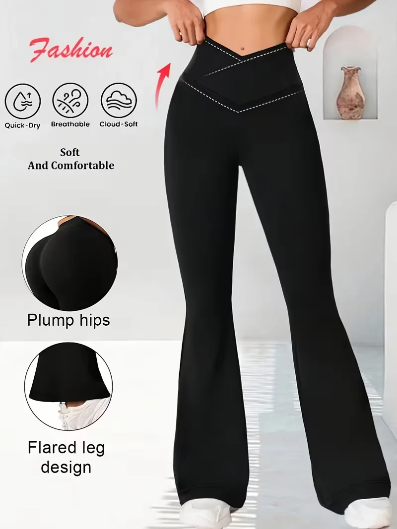 

Ladies V-shaped cross waist yoga tight bell bottoms, elastic work pants suitable for running, cycling and other leisure sports