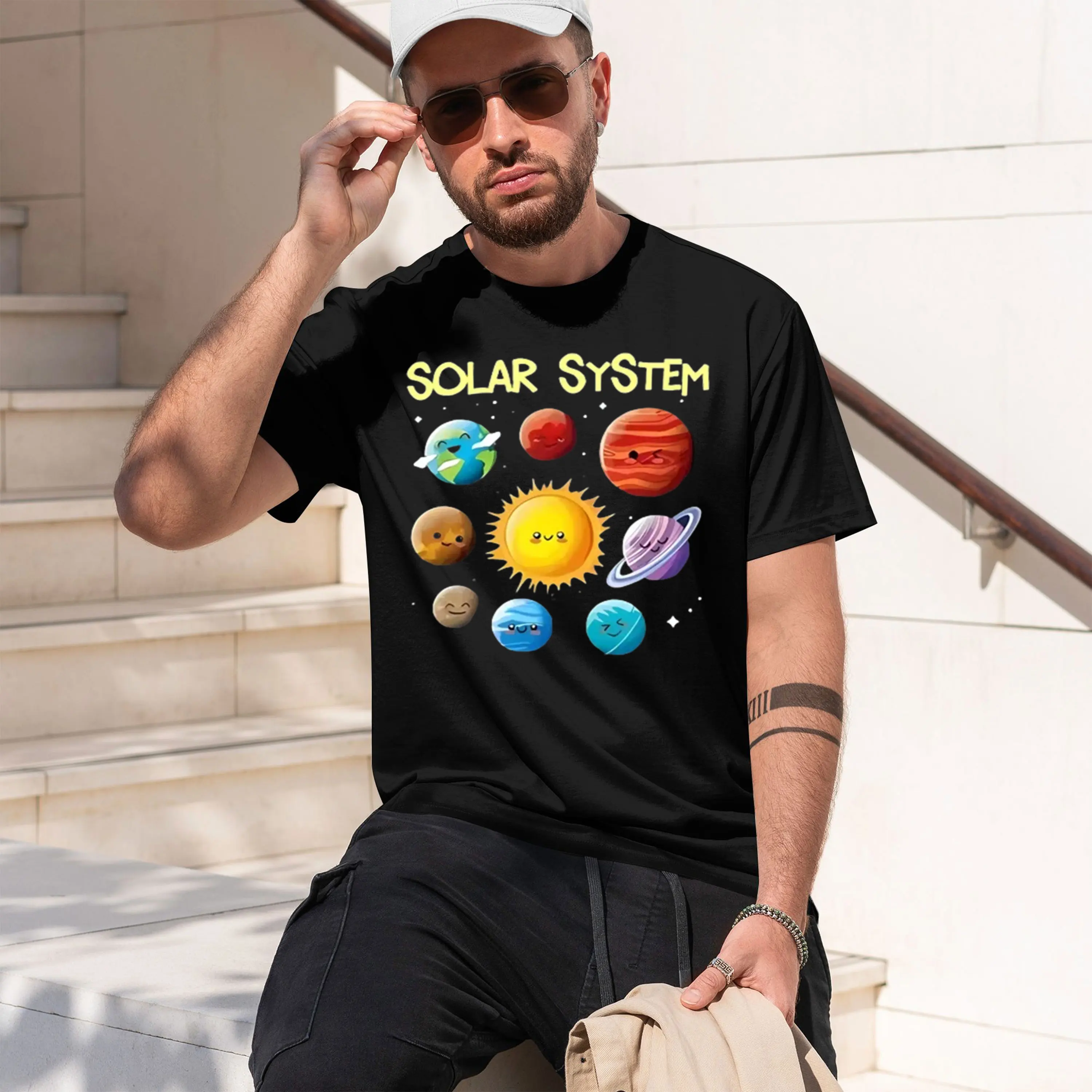 Summer Clothing Colors 2026 - Teenager-T-Shirt mit buntem Sonnensystem-Aufdruck, Sommer, lässige
