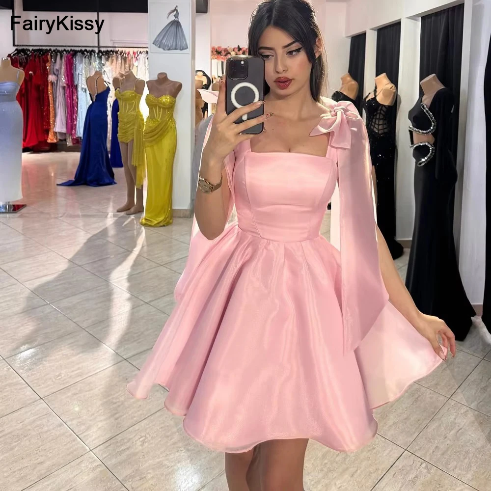 

FairyKissy Cute Short Cocktail Dress A Line Bow on Straps Organza Customized Pink Strapless Mini Graduation Prom Dresses Vestido