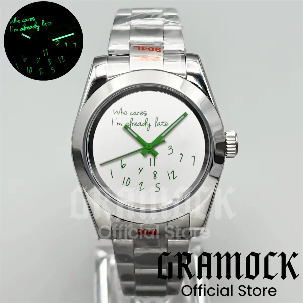 

Gramock NH35 Automatic 39mm Watches Who cares, I'm already late Luminous Silver Slope Bezel Sapphire Crystal Jubilee Strap Watch