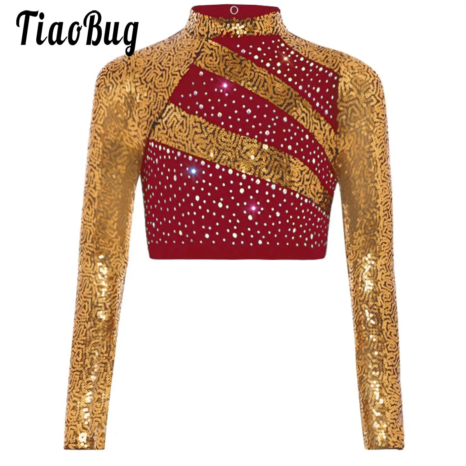 

Kids Girls Jazz Figure Skating Dance Top Ballet Modern Crop Top Long Sleeve Mock Neck Sparkly Sequin Shirt for Stage Performance
