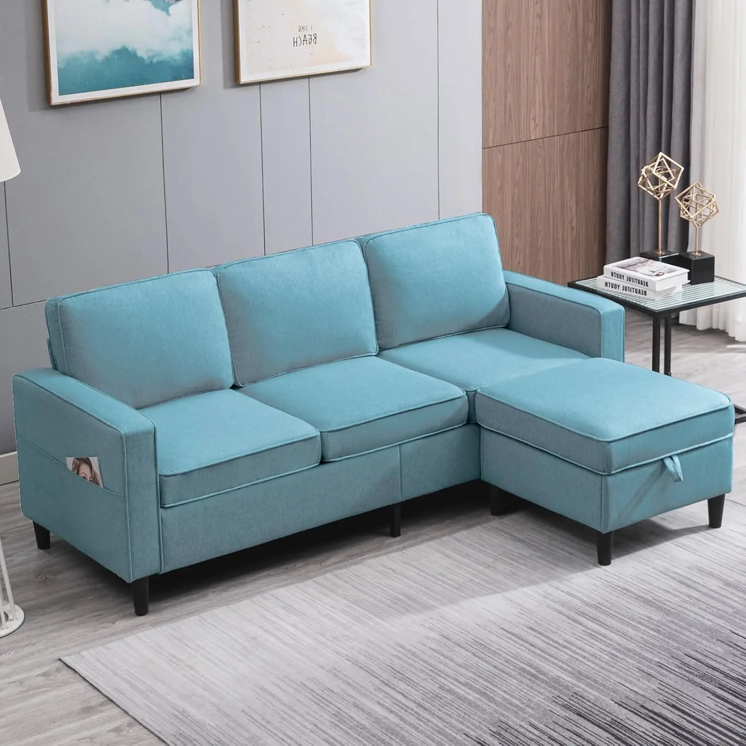 

Convertible Sectional Sofa, L-Shaped Couch with Storage Ottoman, Modern Linen Fabric Couche with Movable Ottoman, Chasie Lounge