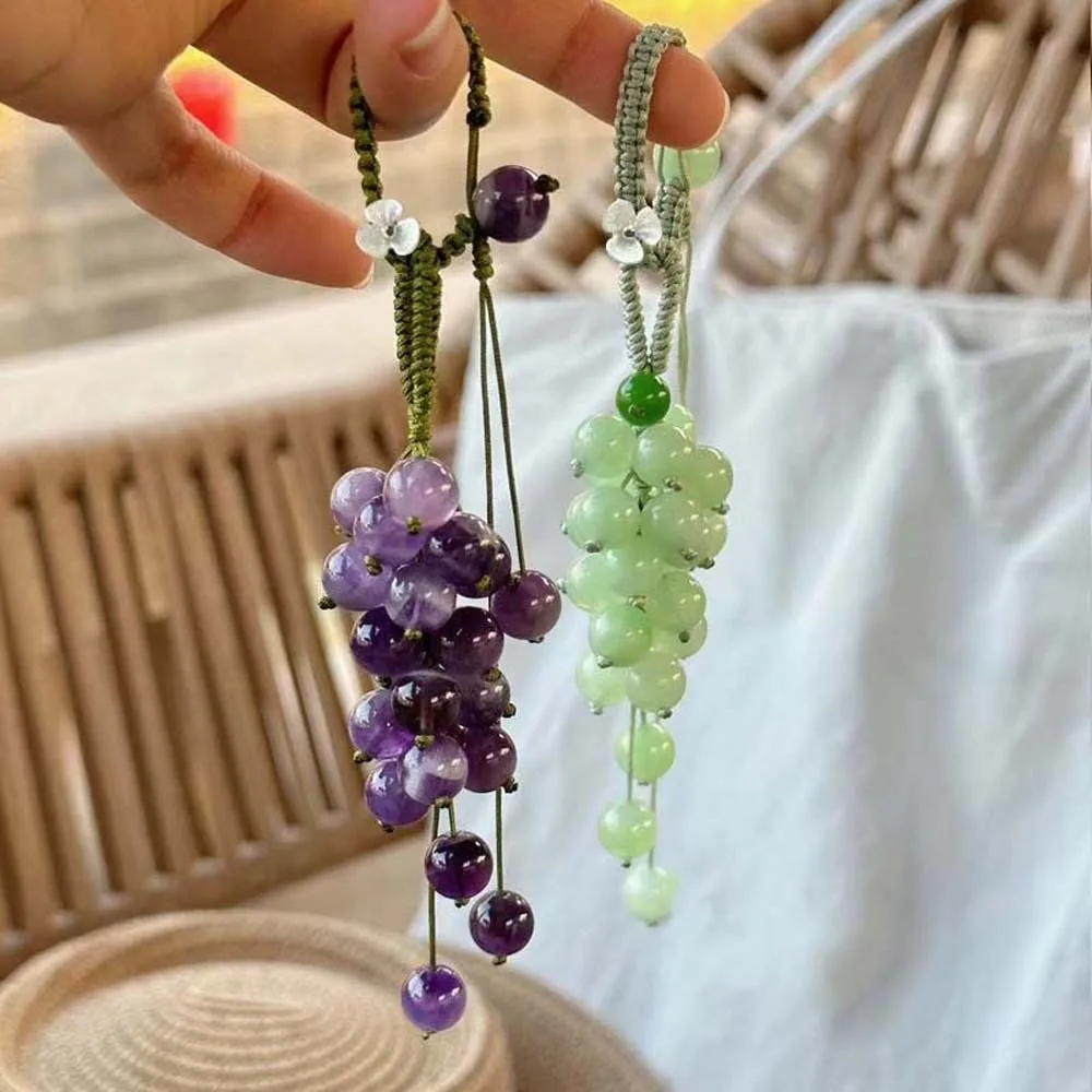 Elegant Grape Cluster Pendant Green Purple Crystal Grape Phone Chain Polyester Key Ring Gradient Beads Woven Pendant Women