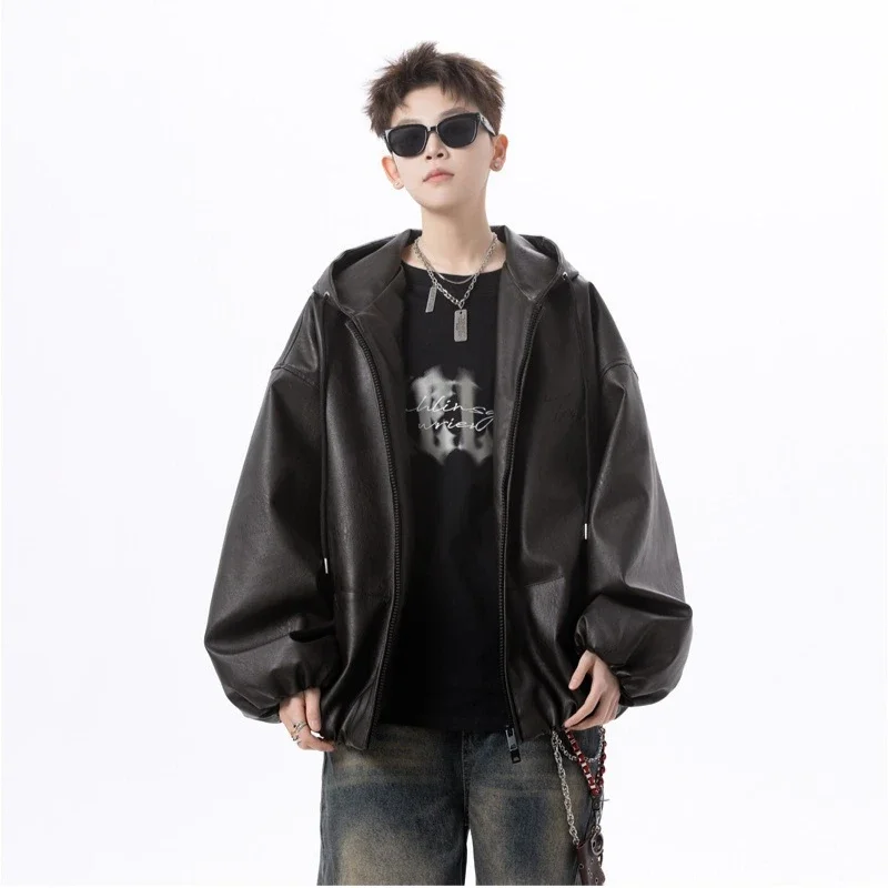 

Faux Leather Hooded Jacket for Men Autumn Winter Minimalist Streetwear Casual Outerwear Versatile Fashion Coat