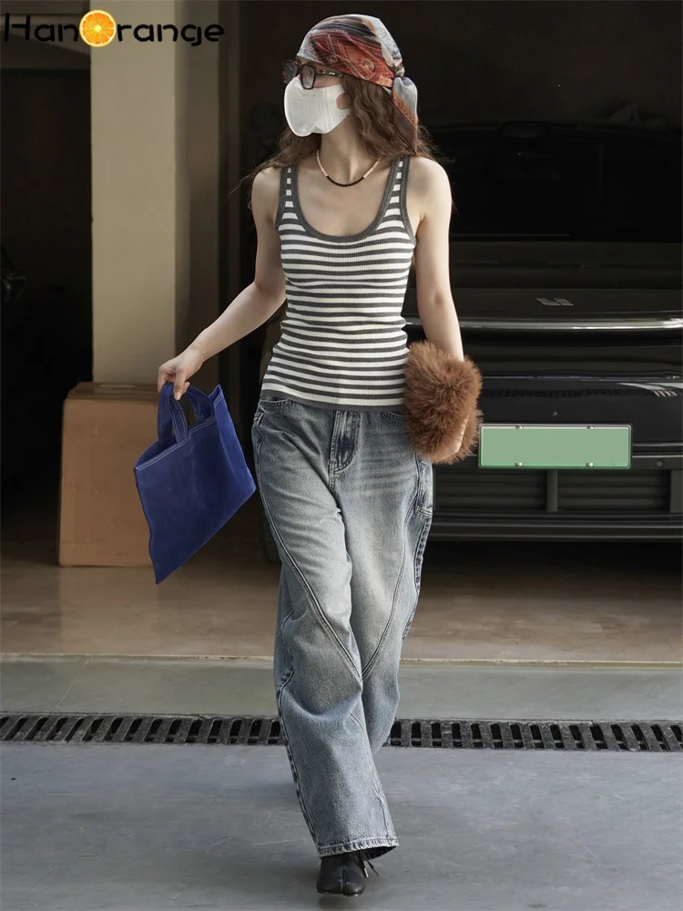 HanOrange 2025 Autumn Fashion U-neck Slim Fit Tank Women Sleeveless Top White/Black/Floral Gray/Gray White Stripes