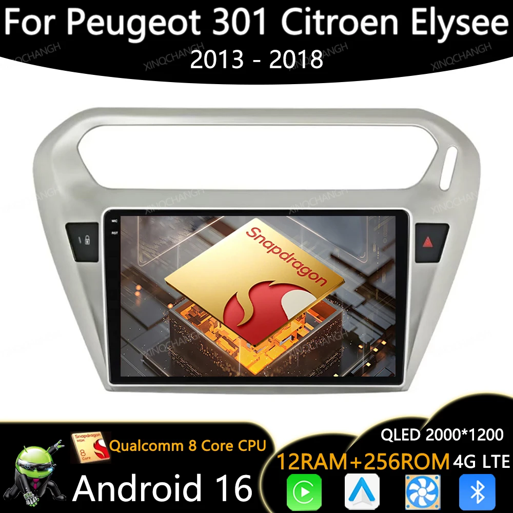 Android 16 Car Radio For Peugeot 301 Citroen Elysee 2013 - 2018 QLED 4G LTE 5G WIFI GPS Multimedia Video Player 2DIN BT Qualcomm