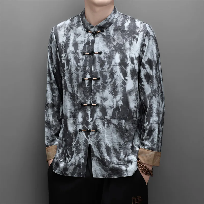 Tang Costume Long Sleeve Shirts For Men Print Stand Collar Silky Autumn Quality Softness Frog Button Easy-Care Camisas De Hombre