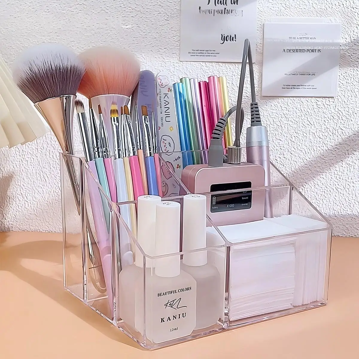 KANIU 1PC Organisateur de bureau en acrylique transparent pour pinceaux de maquillage et cosmétiques, 5 compartiments, dessus incliné, grande capacité