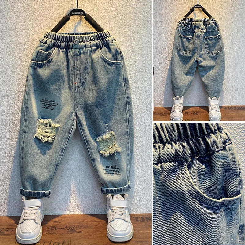 Boy Ripped Jeans 3-5-10 Years Old Elementary School Boy Japanese Style Denim Trousers 2025 Spring Children's Clothing Generation