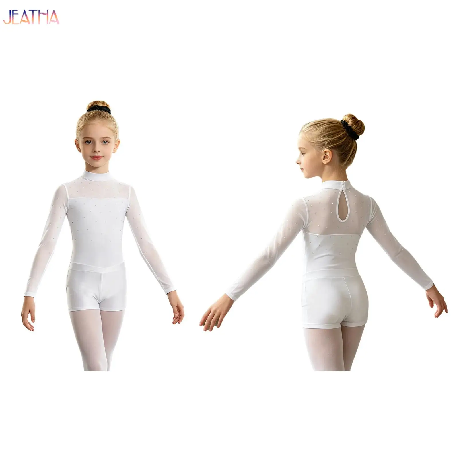 Conjunto de ropa de baile de ballet para niñas, leotardo de manga larga con pedrería brillante para acrobacias y gimnasia rítmica, pantalones cortos deportivos y diadema