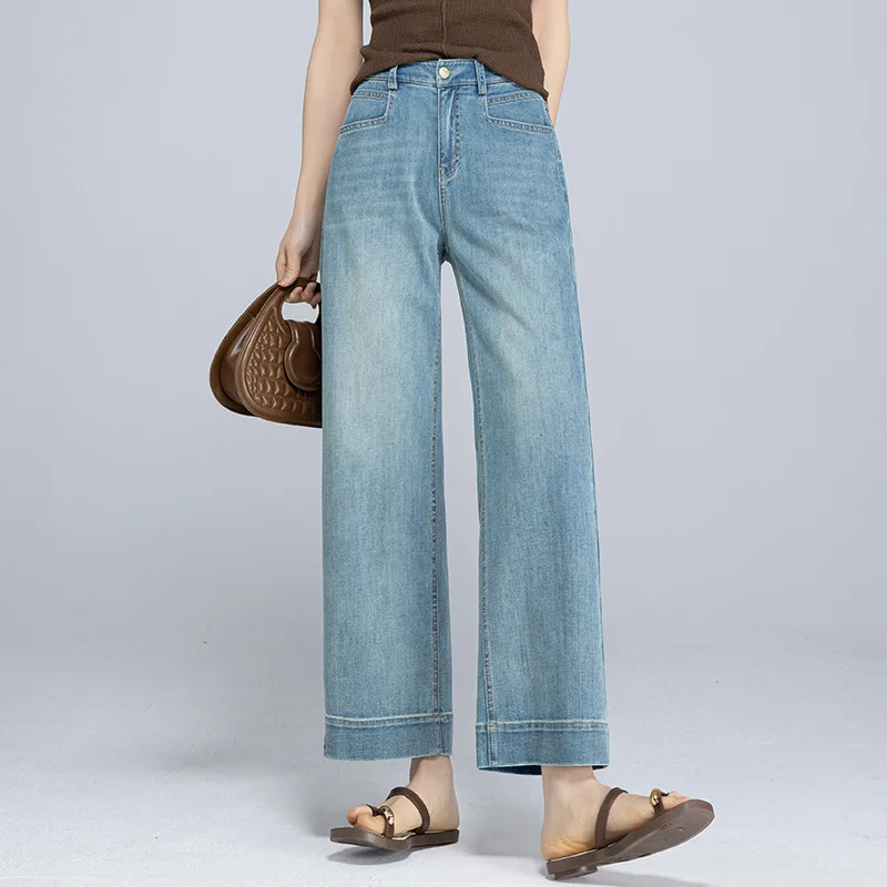 Women Cotton Cropped Denim Jeans Straight Leg 2026 New Fashion Summer Calf Length Casual Capris Pants Elastic Band Waist