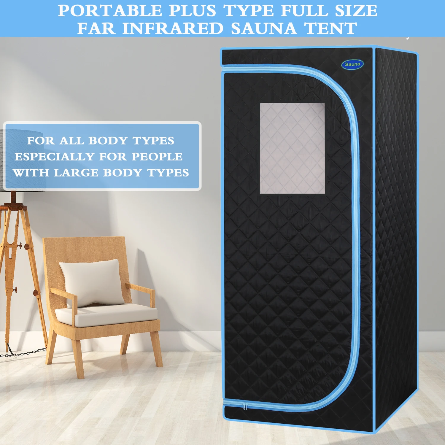 Portable Far Infrared Sauna Tent for Spa, Detox & Therapy at Home - Larger Space, Easy Install, FCC Certified - Black (Blue Bind