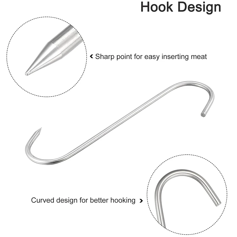 2Pcs Stainless Steel Meat Hooks, S-Hooks for Chicken Fish Beef Hanging Drying Smoking, Meat Processing Butcher Hook Pot Hooks